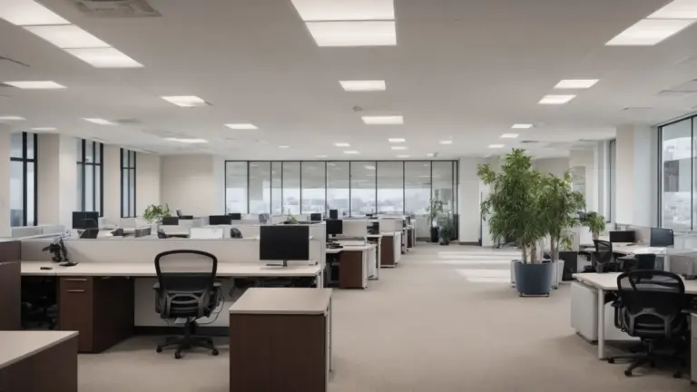 Create an image showcasing a spotless, gleaming San Diego office space with sparkling clean desks, polished floors, and pristine windows. Include a professional cleaning crew in branded uniforms, exuding trustworthiness and reliability.