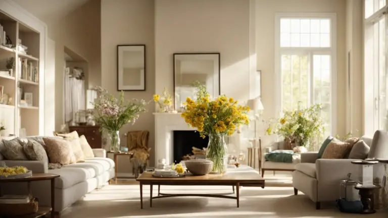 Create an image showcasing a sparkling, clutter-free living room with sunlight streaming through spotless windows. Show fresh flowers on a dust-free mantle, gleaming floors, and meticulously arranged furniture, conveying the importance of clean surroundings for a healthy and joyful home.