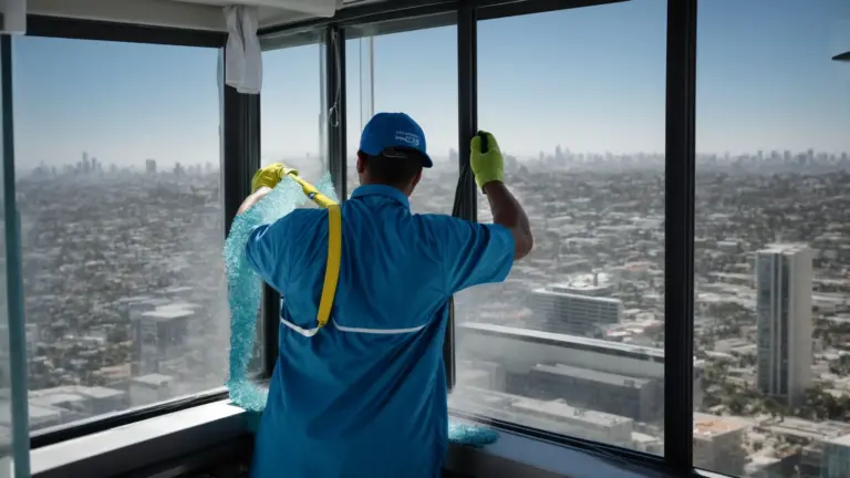 Create an image showcasing San Diego’s comprehensive window washing techniques: a skilled technician donning a blue uniform, carefully wielding a squeegee, skillfully removing streaks from a crystal-clear window overlooking the city’s vibrant skyline.