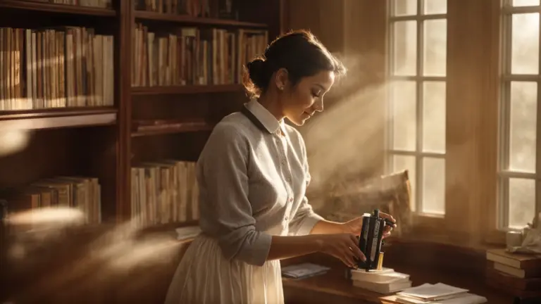 Create an image showcasing a cheerful, impeccably dressed maid effortlessly dusting a spotless bookshelf, while sunlight streams through spotless windows, illuminating the glistening hardwood floors and sparkling surfaces.