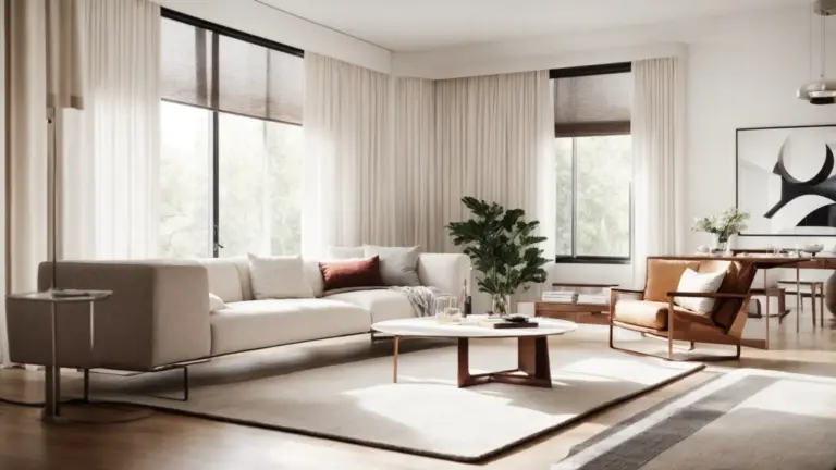a brightly lit living room with sleek, minimalistic furniture and sparkling clean surfaces.
