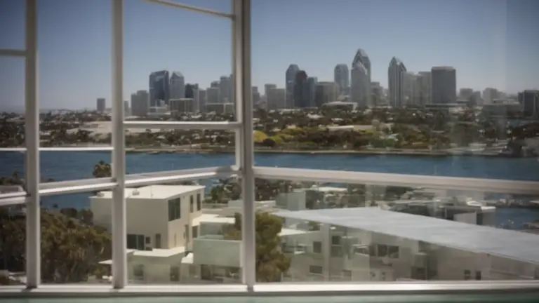 a sparkling clean window with a view of the sunny san diego skyline.