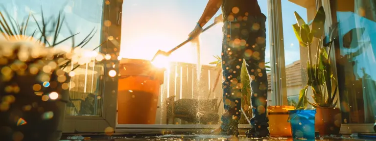 a person cleaning the windows of a san diego home with a squeegee and bucket of soapy water.