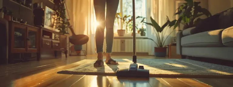a person vacuuming a living room floor in a tidy apartment.
