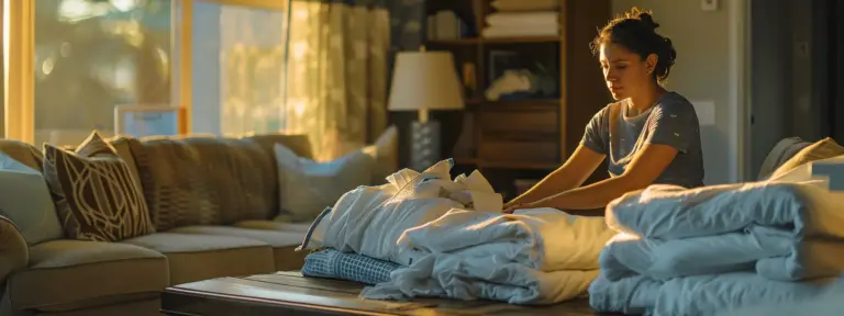 a cleaner arranging pillows and folding blankets in a living room in san diego.
