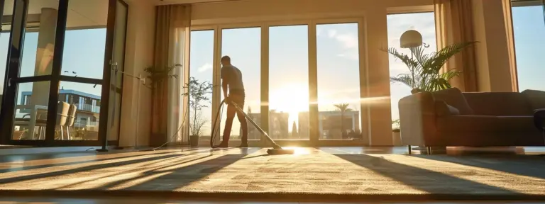a professional cleaner vacuuming the carpet in a spacious living room with large windows letting in natural light.