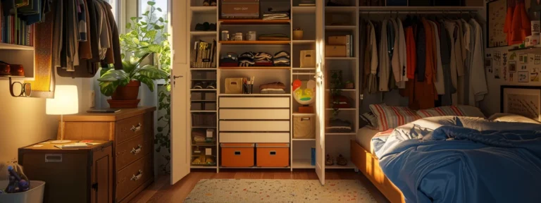 a clutter-free apartment closet with neatly organized shelves and bins maximizing storage space.