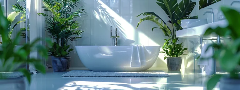 a sparkling white bathtub surrounded by fresh green plants, neatly folded towels, and a gleaming mirror, emanating a sense of cleanliness and tranquility in a well-organized bathroom.