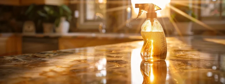a close-up shot of a sparkling disinfectant spray bottle gleaming on a marble countertop.